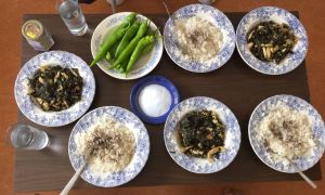 Malve Molokhia mit Reis, Hähnchen und Paprika. Foto: Schlichting